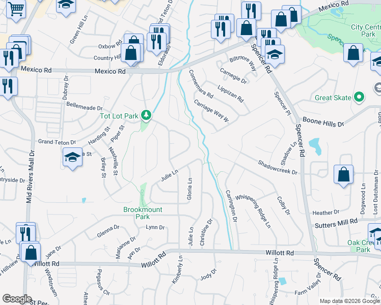 map of restaurants, bars, coffee shops, grocery stores, and more near 53 Julie Lane in St. Peters