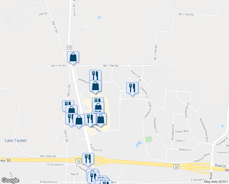 map of restaurants, bars, coffee shops, grocery stores, and more near 386 Hawthorne Boulevard in Warrensburg