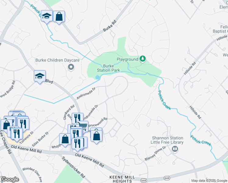 map of restaurants, bars, coffee shops, grocery stores, and more near 6214 Gemini Court in Burke