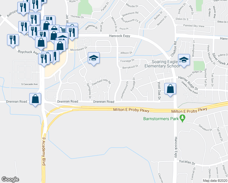 map of restaurants, bars, coffee shops, grocery stores, and more near 3454 Monica Drive West in Colorado Springs