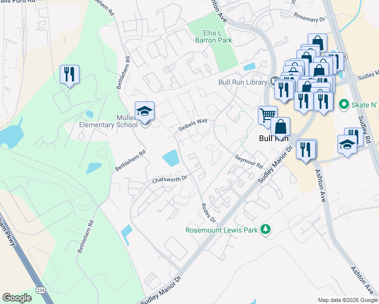 map of restaurants, bars, coffee shops, grocery stores, and more near 8083 Lacy Drive in Manassas