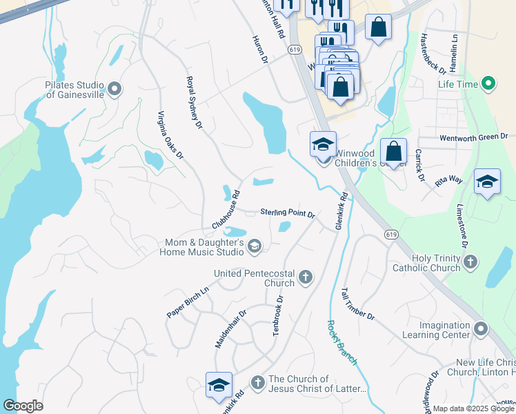 map of restaurants, bars, coffee shops, grocery stores, and more near 14056 Sterling Point Drive in Gainesville