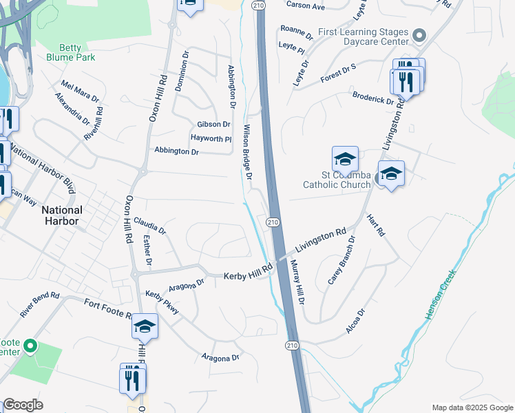 map of restaurants, bars, coffee shops, grocery stores, and more near 7903 Indian Head Highway in Oxon Hill