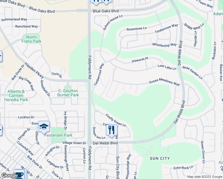 map of restaurants, bars, coffee shops, grocery stores, and more near 7384 Acorn Glen Loop in Roseville