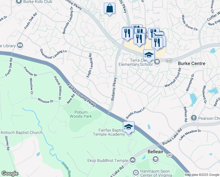 map of restaurants, bars, coffee shops, grocery stores, and more near 6201 Falcon Landing Court in Burke
