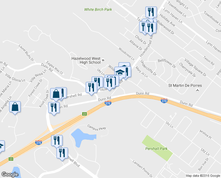 map of restaurants, bars, coffee shops, grocery stores, and more near 6162 Howdershell Rd in Hazelwood