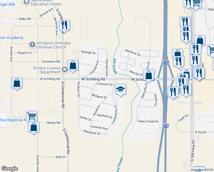map of restaurants, bars, coffee shops, grocery stores, and more near 1114 Hunter Court in Salina