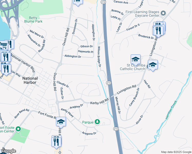 map of restaurants, bars, coffee shops, grocery stores, and more near 411 Careybrook Lane in Oxon Hill