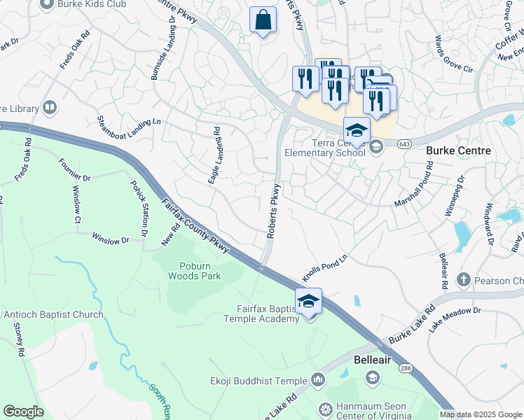 map of restaurants, bars, coffee shops, grocery stores, and more near 6201 Falcon Landing Court in Burke