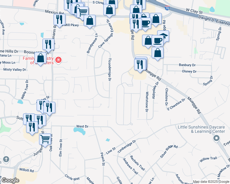 map of restaurants, bars, coffee shops, grocery stores, and more near 213 Brighton Park Drive in Saint Charles