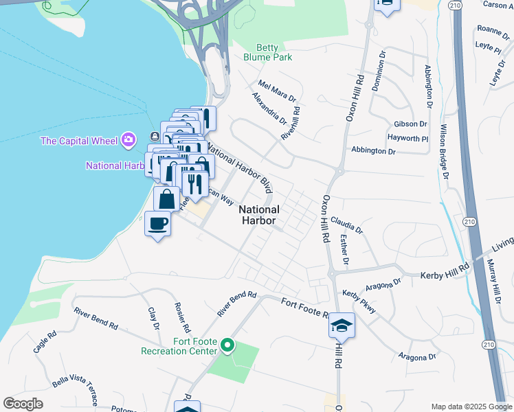 map of restaurants, bars, coffee shops, grocery stores, and more near 104 Saint Ives Place in Oxon Hill