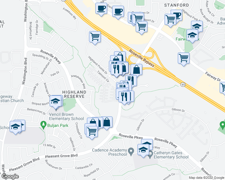 map of restaurants, bars, coffee shops, grocery stores, and more near 30 Villa Gardens Court in Roseville