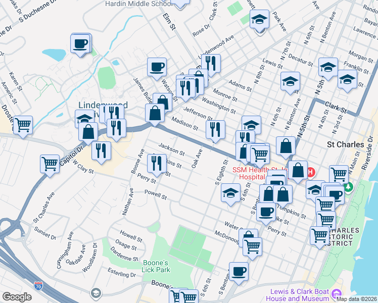 map of restaurants, bars, coffee shops, grocery stores, and more near 1029 Jackson Street in Saint Charles