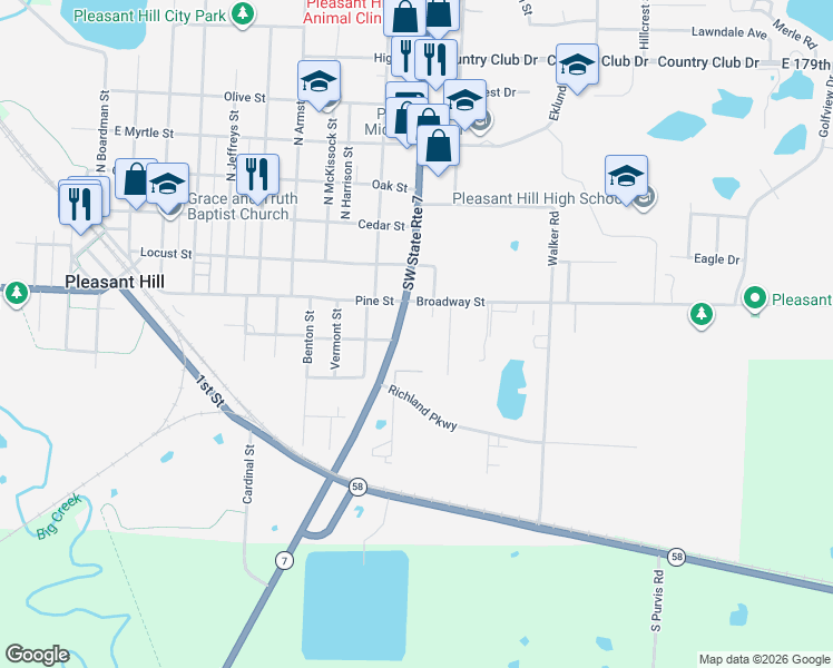 map of restaurants, bars, coffee shops, grocery stores, and more near 400 Missouri 7 in Pleasant Hill