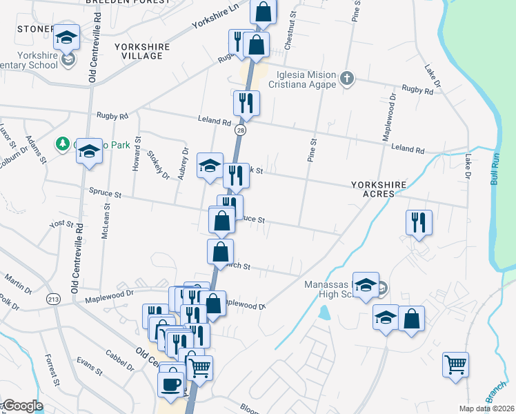 map of restaurants, bars, coffee shops, grocery stores, and more near 8214 Spruce St in Manassas