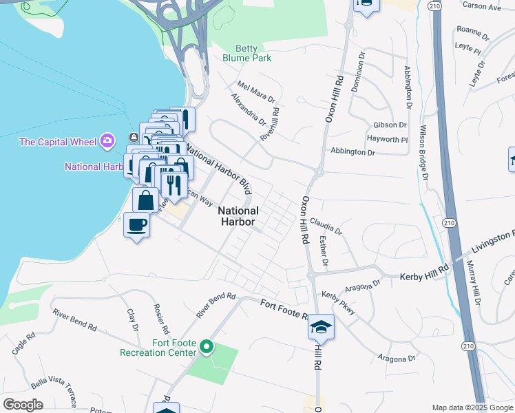 map of restaurants, bars, coffee shops, grocery stores, and more near 506 Triggerfish Drive in Oxon Hill