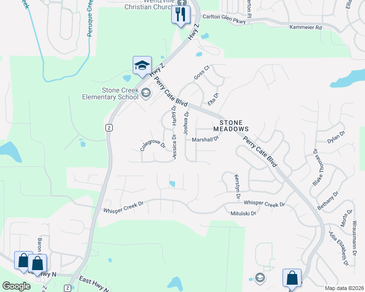 map of restaurants, bars, coffee shops, grocery stores, and more near 5030 Joshua Drive in Wentzville