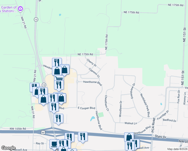 map of restaurants, bars, coffee shops, grocery stores, and more near 425 Hawthorne Boulevard in Warrensburg