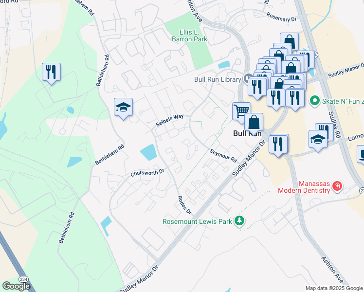 map of restaurants, bars, coffee shops, grocery stores, and more near 11014 Koman Circle in Manassas