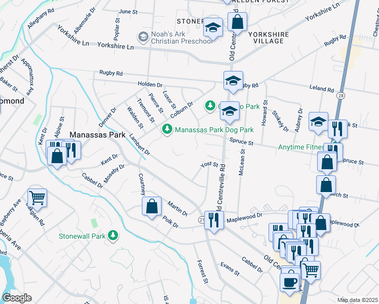 map of restaurants, bars, coffee shops, grocery stores, and more near 99 Adams Street in Manassas Park