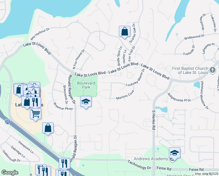 map of restaurants, bars, coffee shops, grocery stores, and more near 1604 Broadsword Lane in Lake Saint Louis