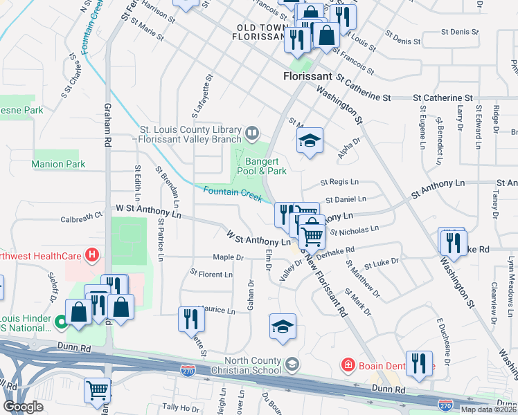 map of restaurants, bars, coffee shops, grocery stores, and more near 305 Reighley Place in Florissant