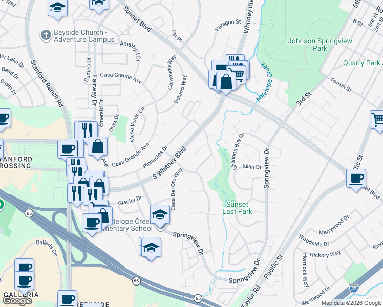 map of restaurants, bars, coffee shops, grocery stores, and more near 2640 Angeles Court in Rocklin