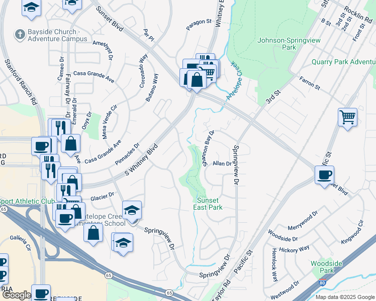 map of restaurants, bars, coffee shops, grocery stores, and more near 5985 Bryce Way in Rocklin