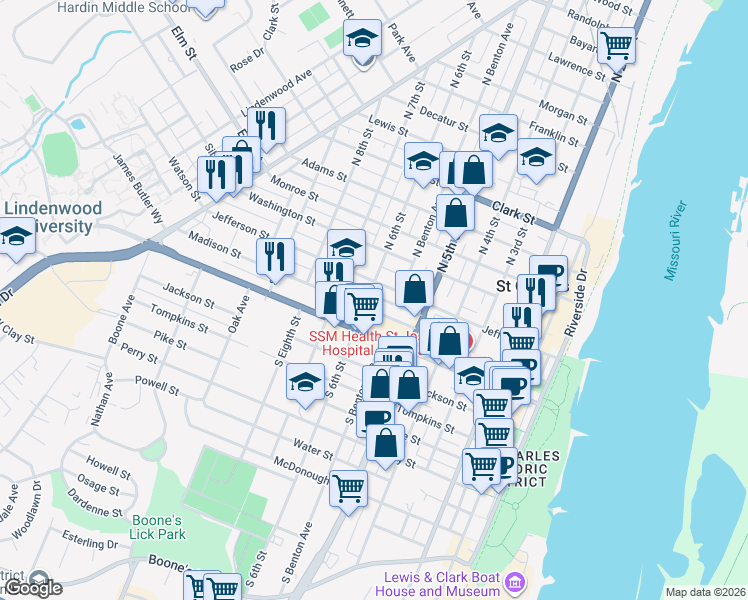 map of restaurants, bars, coffee shops, grocery stores, and more near 220 South 6th Street in Saint Charles