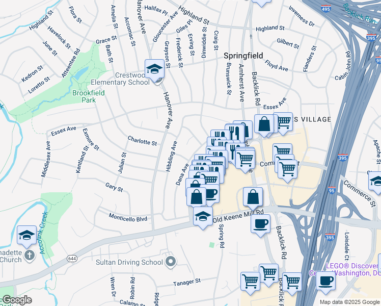 map of restaurants, bars, coffee shops, grocery stores, and more near 6212 Dana Avenue in Springfield