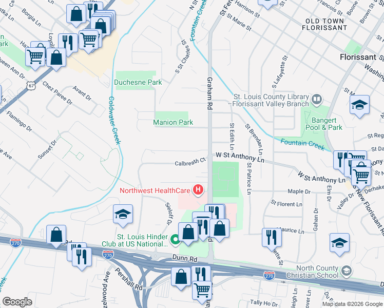 map of restaurants, bars, coffee shops, grocery stores, and more near 35 Calbreath Court in Florissant