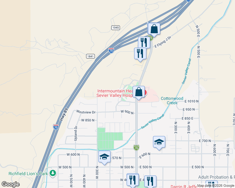 map of restaurants, bars, coffee shops, grocery stores, and more near 1065 North Plaza Drive in Richfield