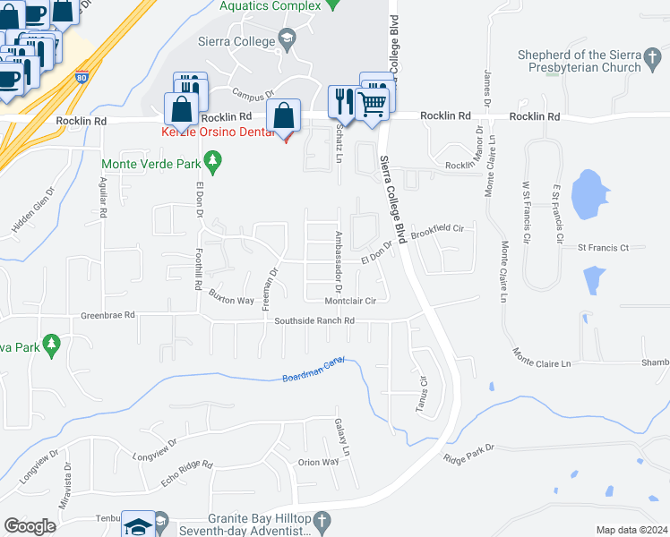 map of restaurants, bars, coffee shops, grocery stores, and more near 5020 El Don Drive in Rocklin