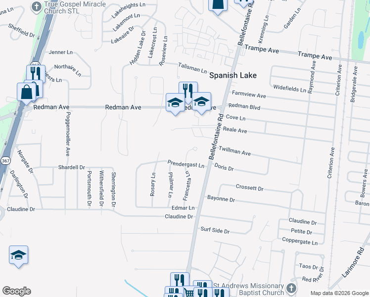 map of restaurants, bars, coffee shops, grocery stores, and more near 11607 Francetta Lane in St. Louis