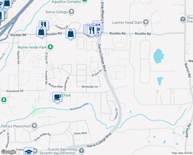 map of restaurants, bars, coffee shops, grocery stores, and more near 5658 Montclair Circle in Rocklin
