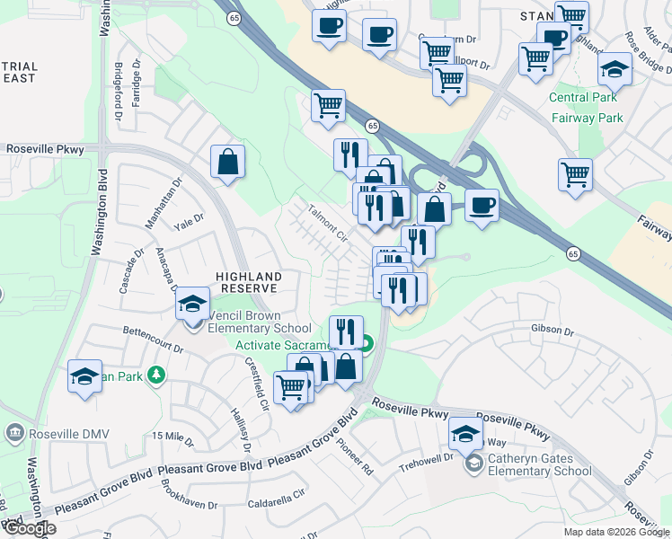 map of restaurants, bars, coffee shops, grocery stores, and more near 223 Chambord Way in Roseville