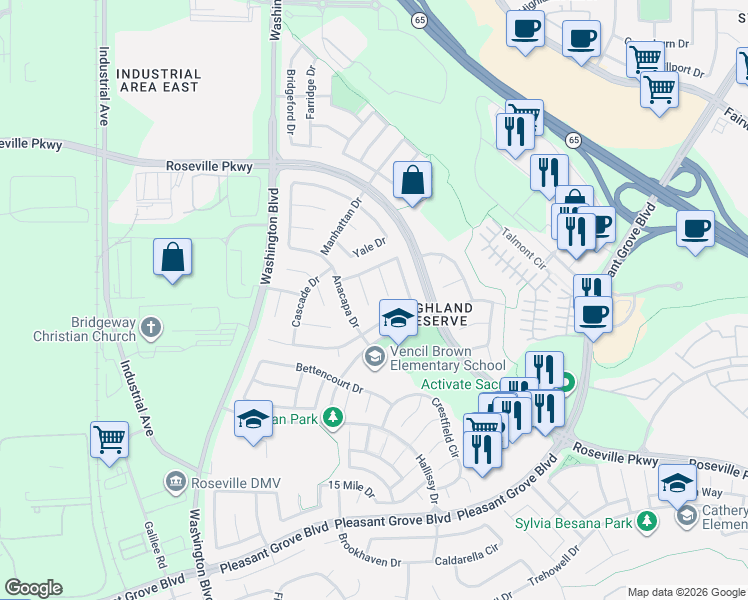 map of restaurants, bars, coffee shops, grocery stores, and more near 332-340 Brennen Circle in Roseville