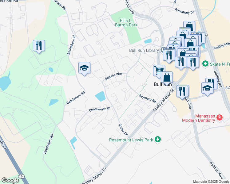 map of restaurants, bars, coffee shops, grocery stores, and more near 8087 Lacy Drive in Manassas
