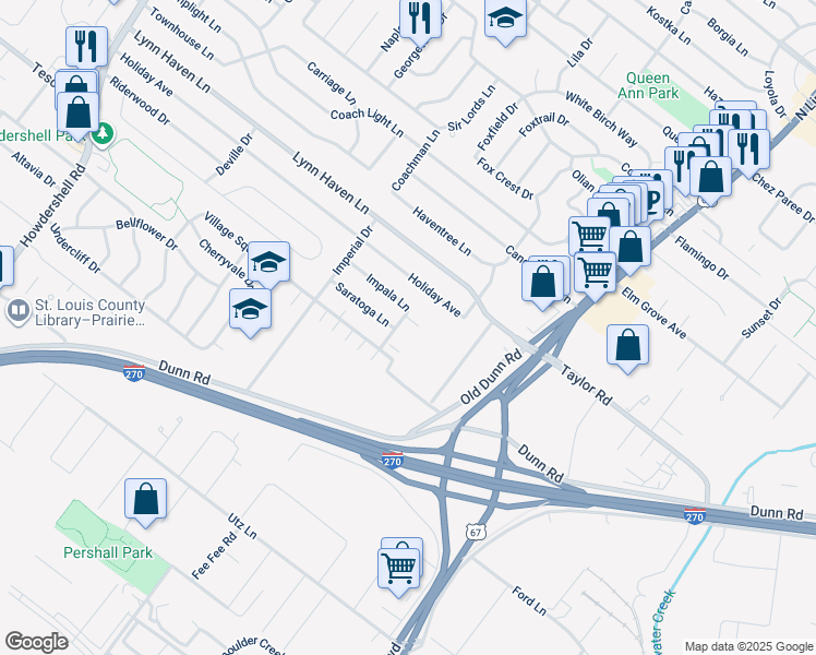 map of restaurants, bars, coffee shops, grocery stores, and more near 33433 Impala Lane in Hazelwood