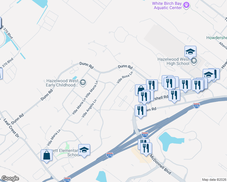 map of restaurants, bars, coffee shops, grocery stores, and more near 5369 Ville Rosa Lane in Hazelwood