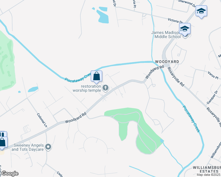 map of restaurants, bars, coffee shops, grocery stores, and more near 7805 Woodyard Road in Clinton