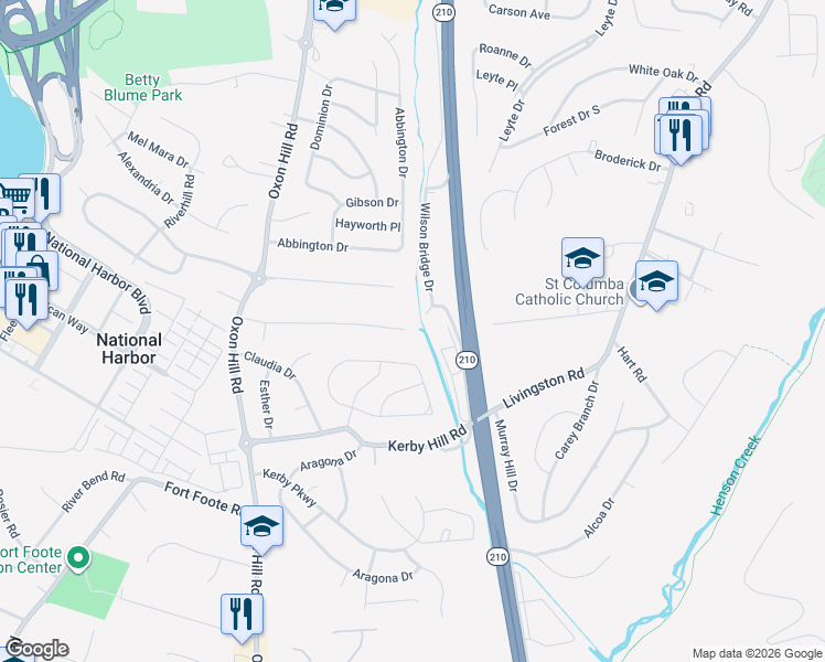 map of restaurants, bars, coffee shops, grocery stores, and more near 411 Careybrook Lane in Oxon Hill