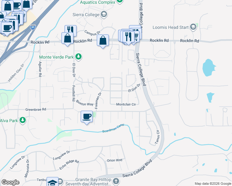 map of restaurants, bars, coffee shops, grocery stores, and more near 5010 El Don Drive in Rocklin