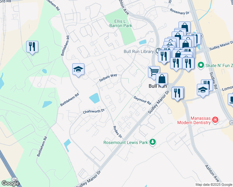 map of restaurants, bars, coffee shops, grocery stores, and more near 11014 Koman Circle in Manassas