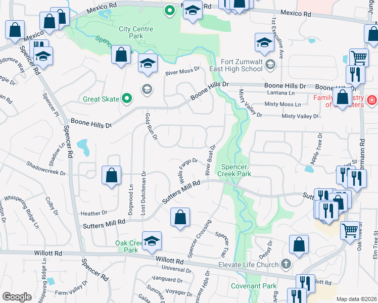 map of restaurants, bars, coffee shops, grocery stores, and more near 26 Wells Fargo Drive in St. Peters