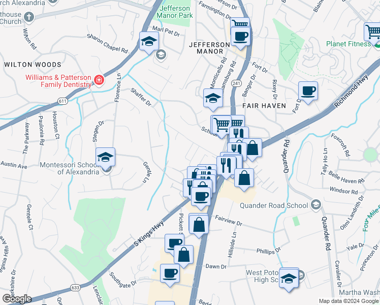 map of restaurants, bars, coffee shops, grocery stores, and more near 2875 Lowen Valley Road in Alexandria