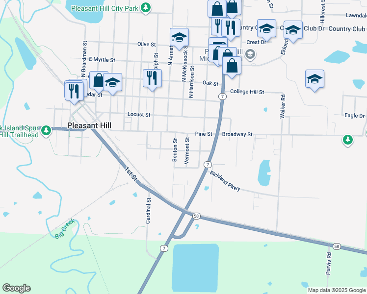 map of restaurants, bars, coffee shops, grocery stores, and more near 400 Benton Street in Pleasant Hill