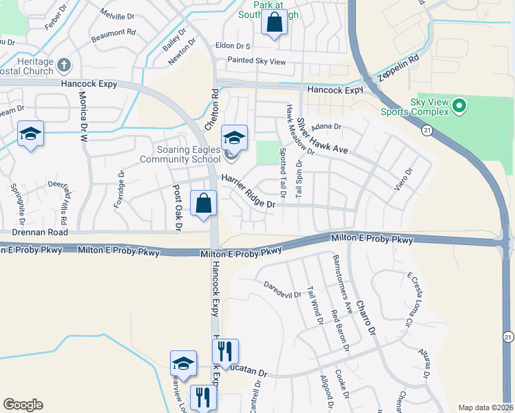 map of restaurants, bars, coffee shops, grocery stores, and more near 4871 Harrier Ridge Drive in Colorado Springs