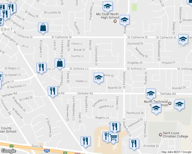 map of restaurants, bars, coffee shops, grocery stores, and more near 950 Cheyenne Drive in Florissant