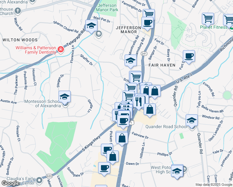 map of restaurants, bars, coffee shops, grocery stores, and more near 2875 Lowen Valley Road in Alexandria